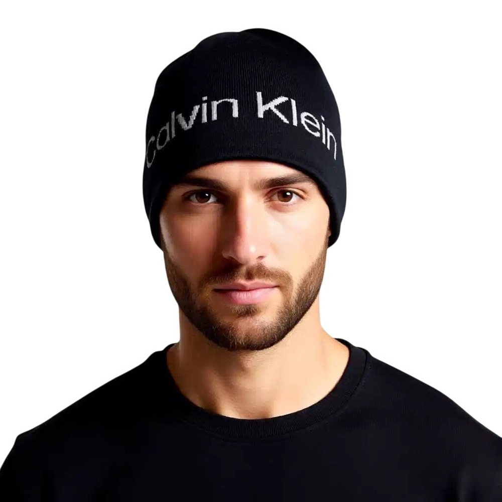 Calvin Klein Mens Beanie Hat Black Gray Logo Knit Winter Cap 1 Size NWT